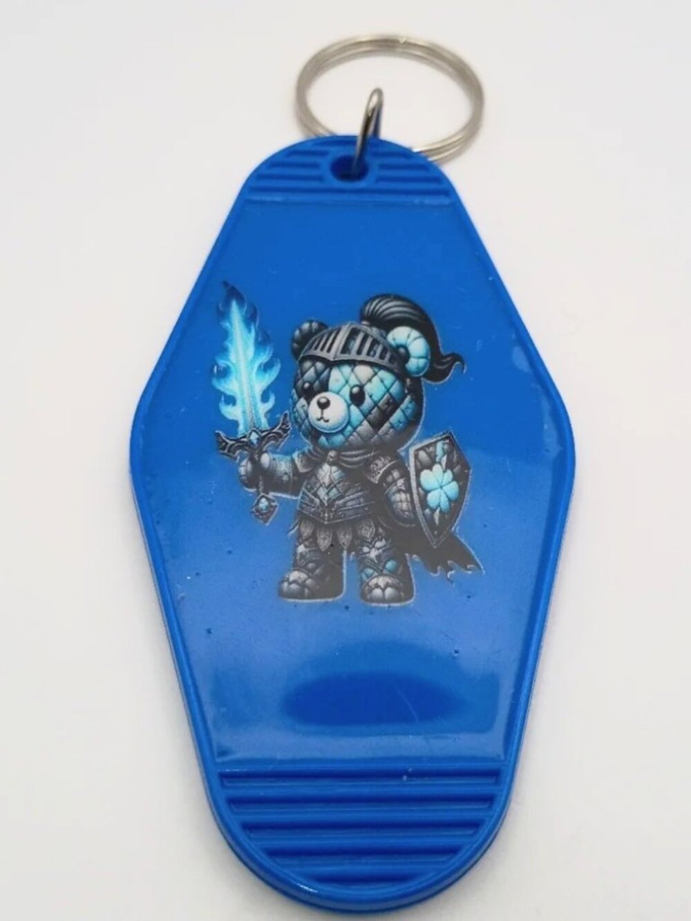 Cute Knight Teddy Bear Blue Retro Motel Keychain Fantasy Key Fob